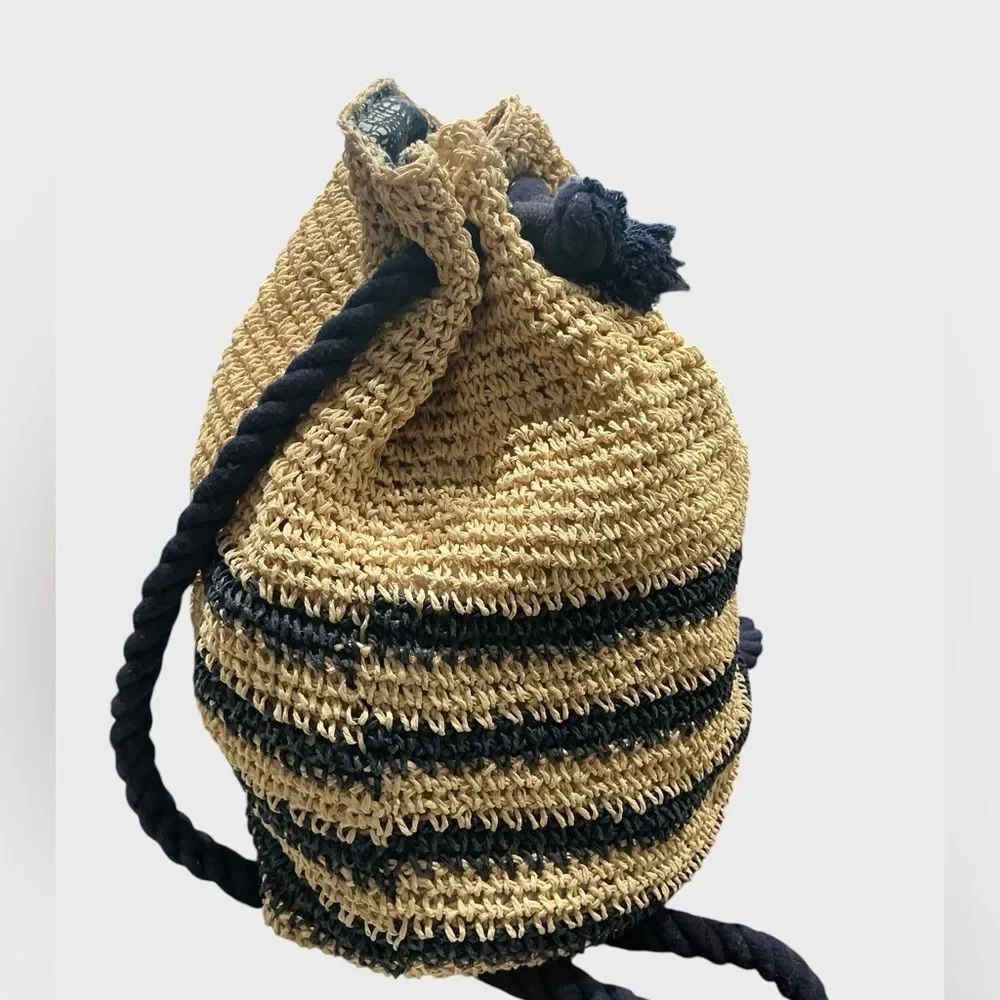 Cynthia Rowley Straw Drawstring Backpack Cream Navy Woven Boho Bag
